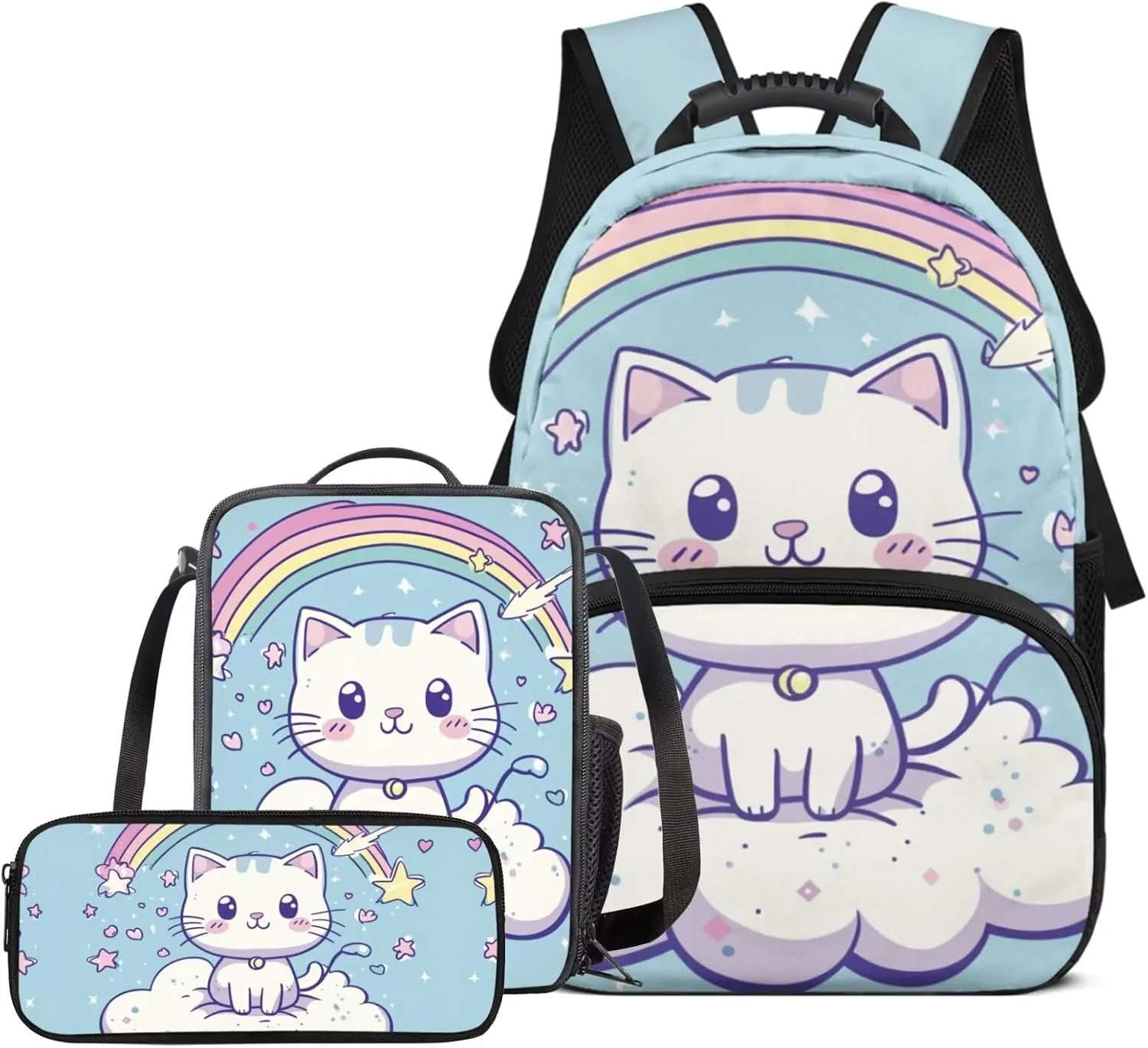 Girls Backpack Set Cute Cat Rainbow School Bag for Toddler Large Pencil Case Middle School Bookbag for Ages 14-16 Adjustable Straps 3 in 1