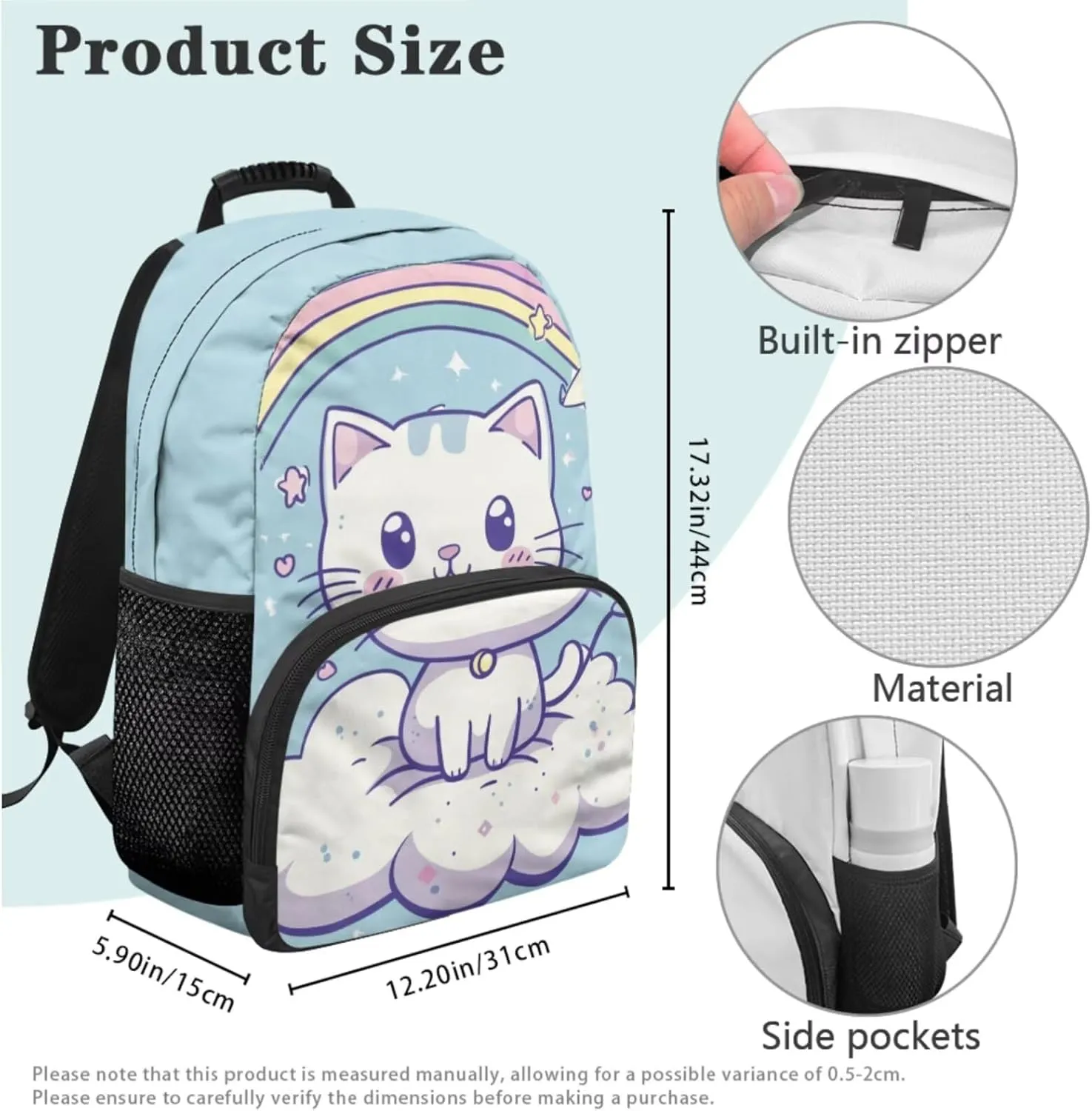 Girls Backpack Set Cute Cat Rainbow School Bag for Toddler Large Pencil Case Middle School Bookbag for Ages 14-16 Adjustable Straps 3 in 1