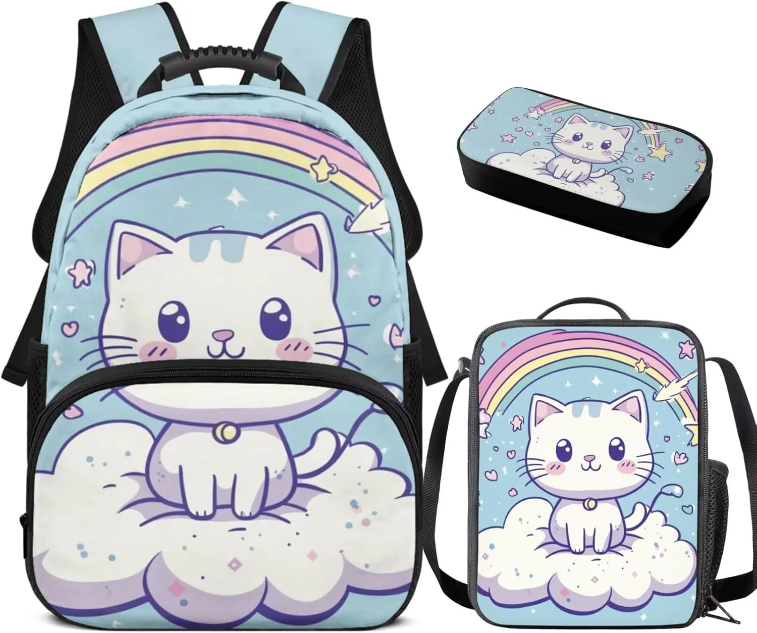 Girls Backpack Set Cute Cat Rainbow School Bag for Toddler Large Pencil Case Middle School Bookbag for Ages 14-16 Adjustable Straps 3 in 1
