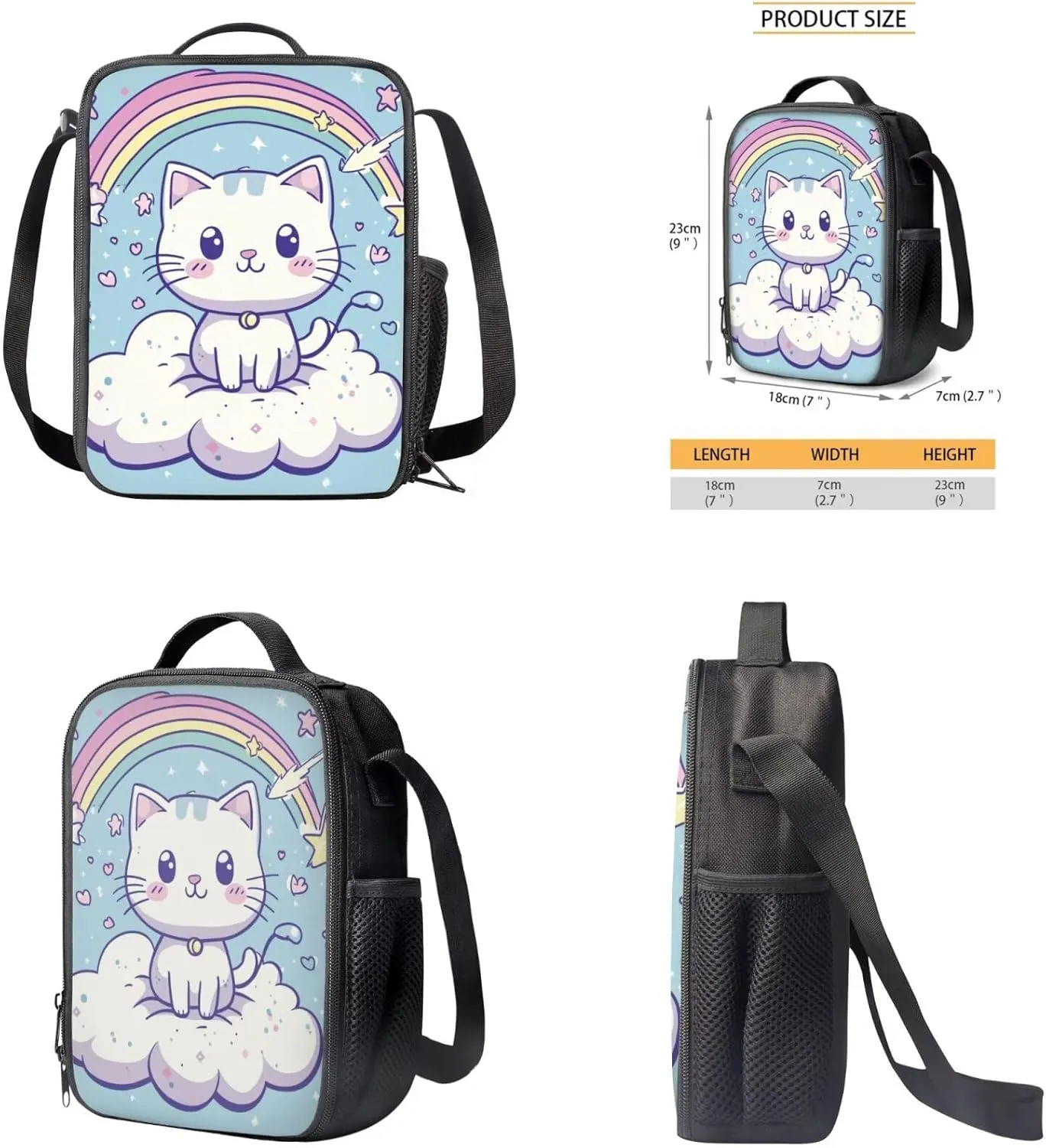 Girls Backpack Set Cute Cat Rainbow School Bag for Toddler Large Pencil Case Middle School Bookbag for Ages 14-16 Adjustable Straps 3 in 1