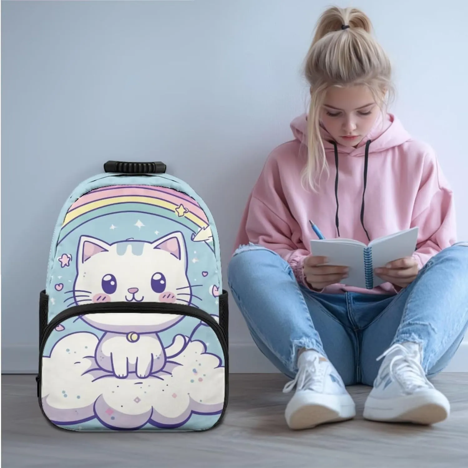 Girls Backpack Set Cute Cat Rainbow School Bag for Toddler Large Pencil Case Middle School Bookbag for Ages 14-16 Adjustable Straps 3 in 1