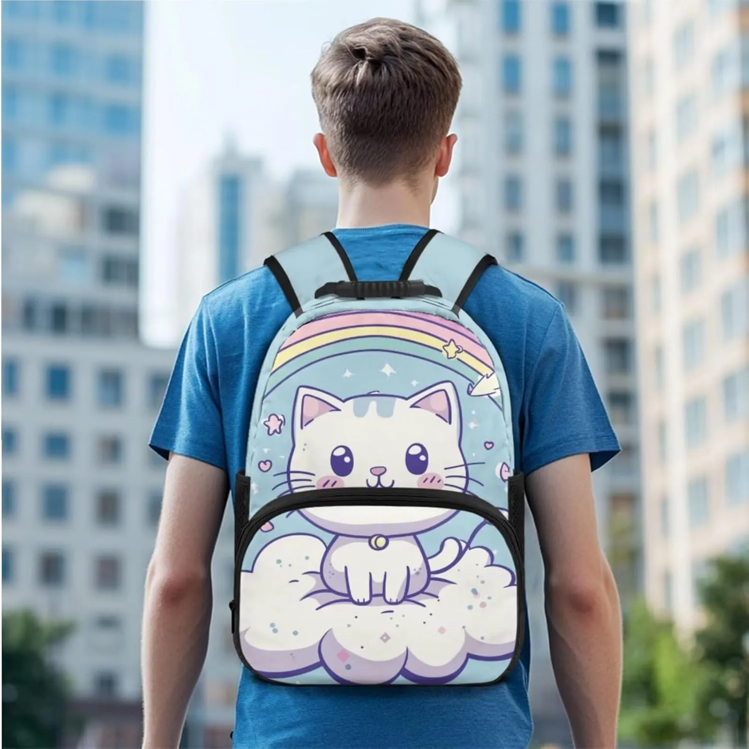 Girls Backpack Set Cute Cat Rainbow School Bag for Toddler Large Pencil Case Middle School Bookbag for Ages 14-16 Adjustable Straps 3 in 1
