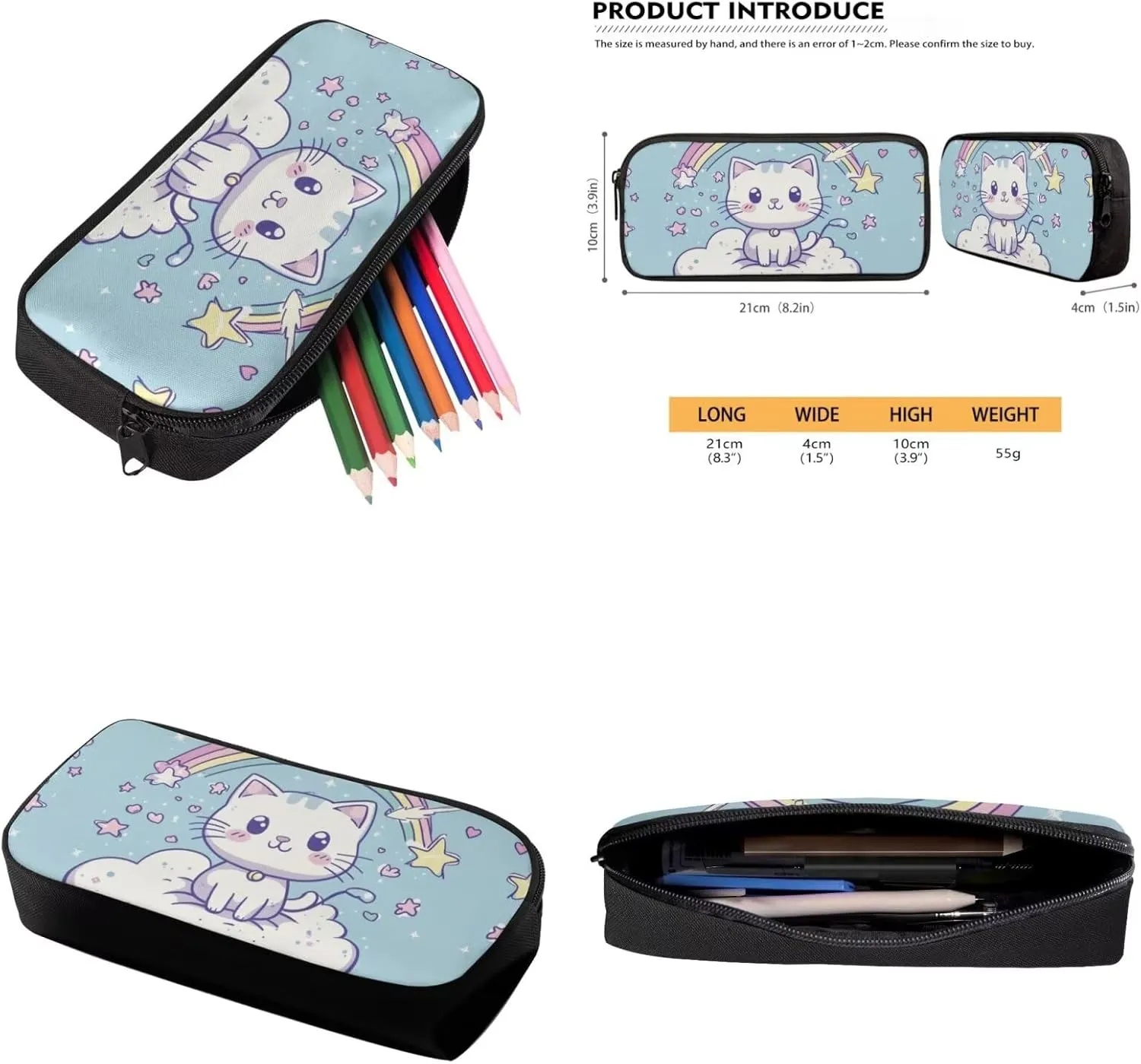 Girls Backpack Set Cute Cat Rainbow School Bag for Toddler Large Pencil Case Middle School Bookbag for Ages 14-16 Adjustable Straps 3 in 1