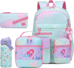 Girls Backpack Set with 14oz Kids Insulated Water Bottle, Cute Rainbow School Backpack for Girls with Lunch Bag Pencil Case, Kids Backpack Kindergarten Elementary Middle School Bags Book Bag