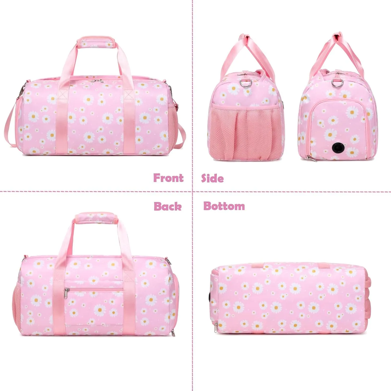 Girls Duffle Bag, Pink Daisy Duffle Bag for Girl Women Gym Sports Ballet Overnight Weekender Carry On Travel with Shoe Compartments