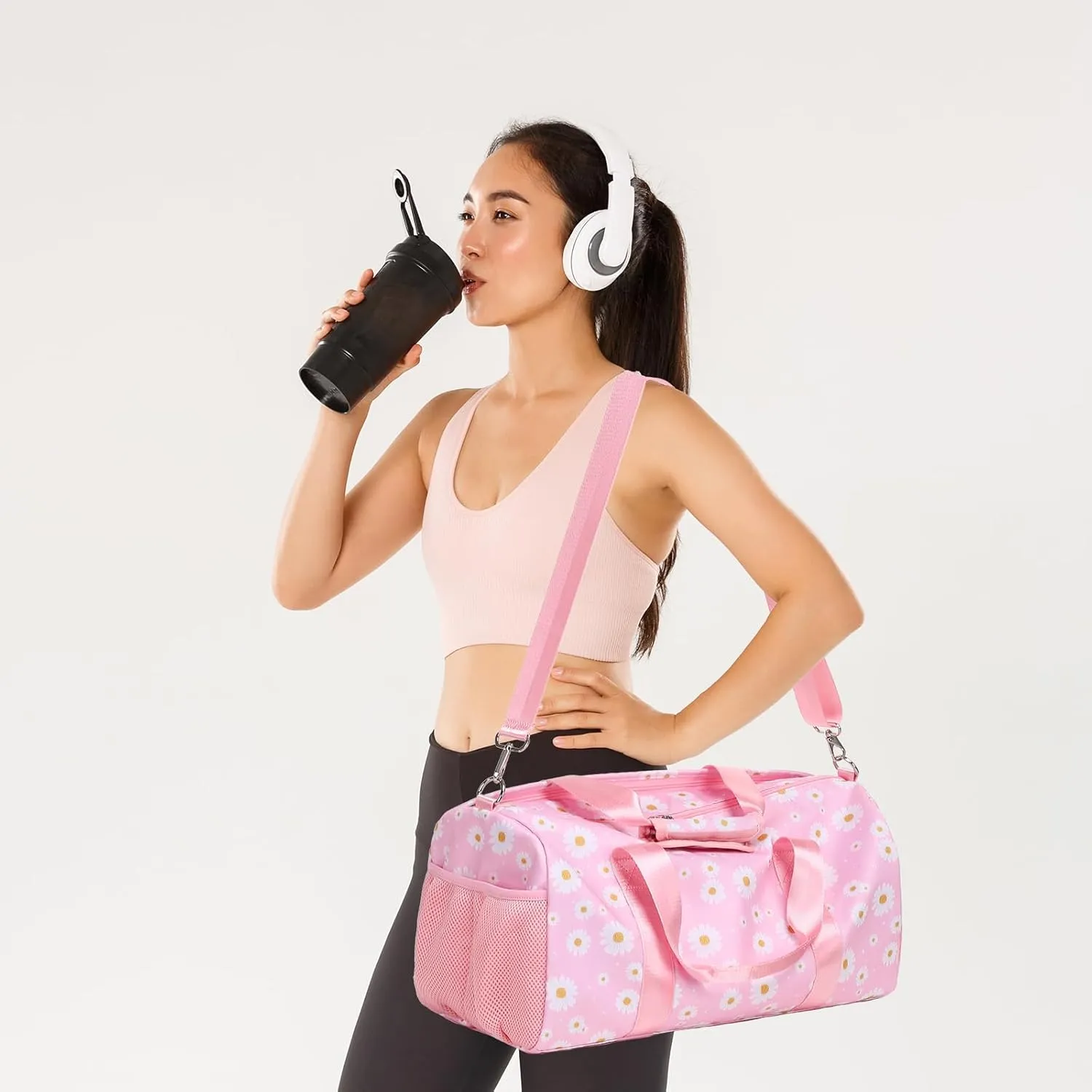 Girls Duffle Bag, Pink Daisy Duffle Bag for Girl Women Gym Sports Ballet Overnight Weekender Carry On Travel with Shoe Compartments