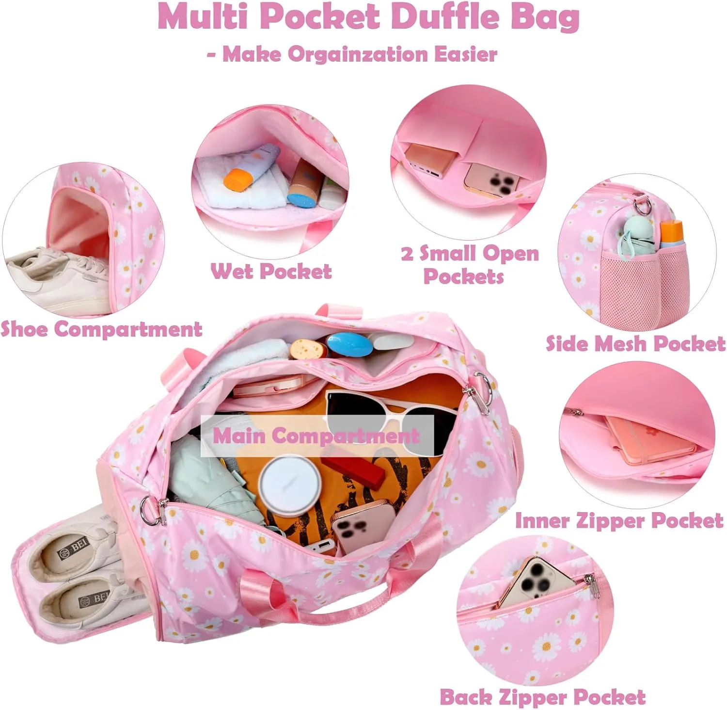 Girls Duffle Bag, Pink Daisy Duffle Bag for Girl Women Gym Sports Ballet Overnight Weekender Carry On Travel with Shoe Compartments