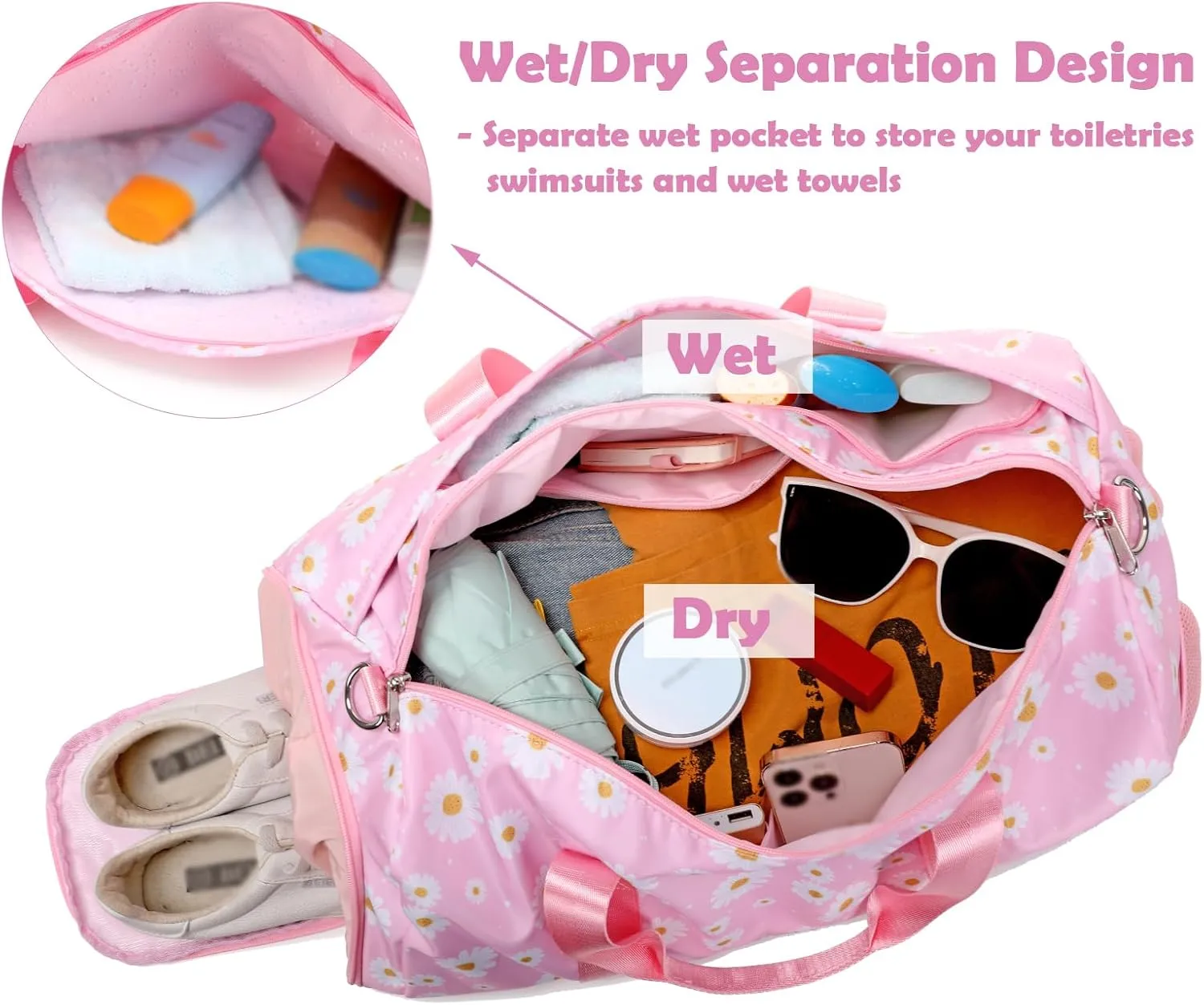 Girls Duffle Bag, Pink Daisy Duffle Bag for Girl Women Gym Sports Ballet Overnight Weekender Carry On Travel with Shoe Compartments