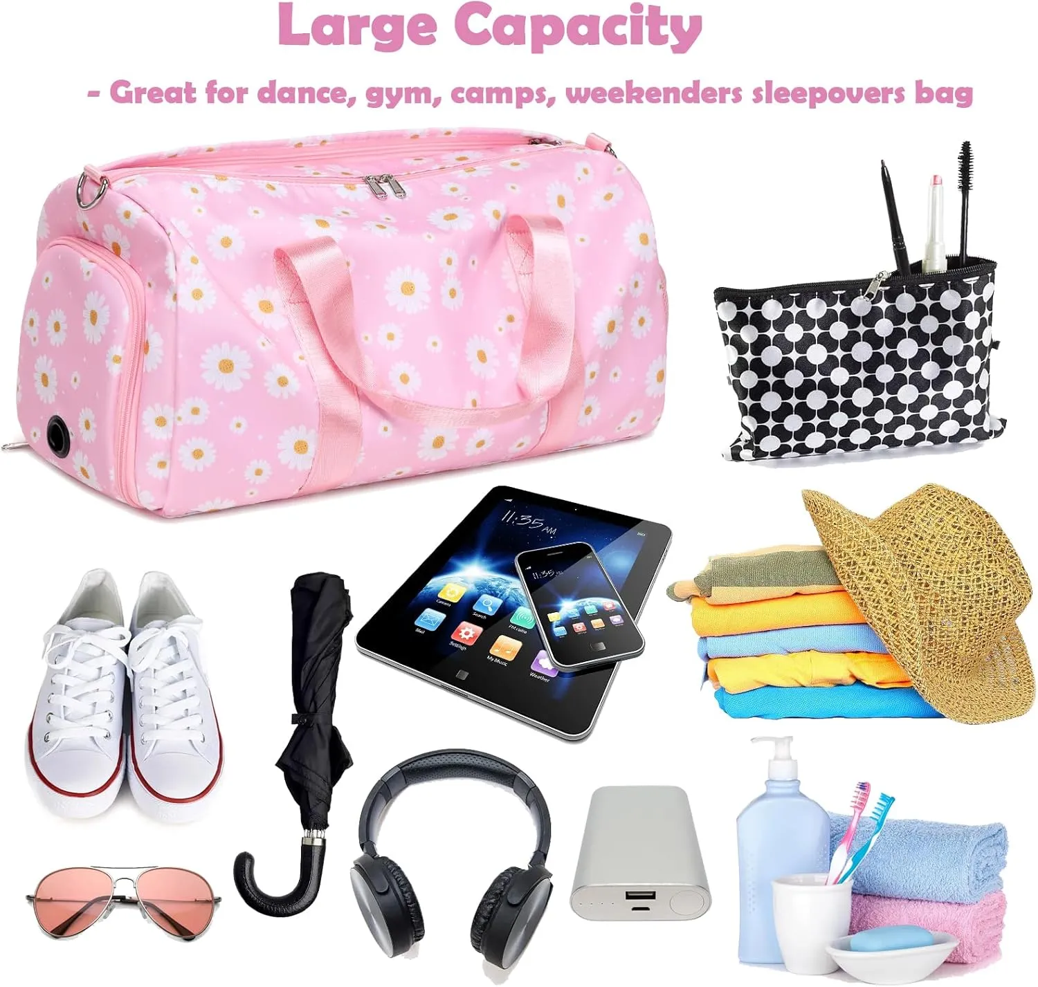 Girls Duffle Bag, Pink Daisy Duffle Bag for Girl Women Gym Sports Ballet Overnight Weekender Carry On Travel with Shoe Compartments
