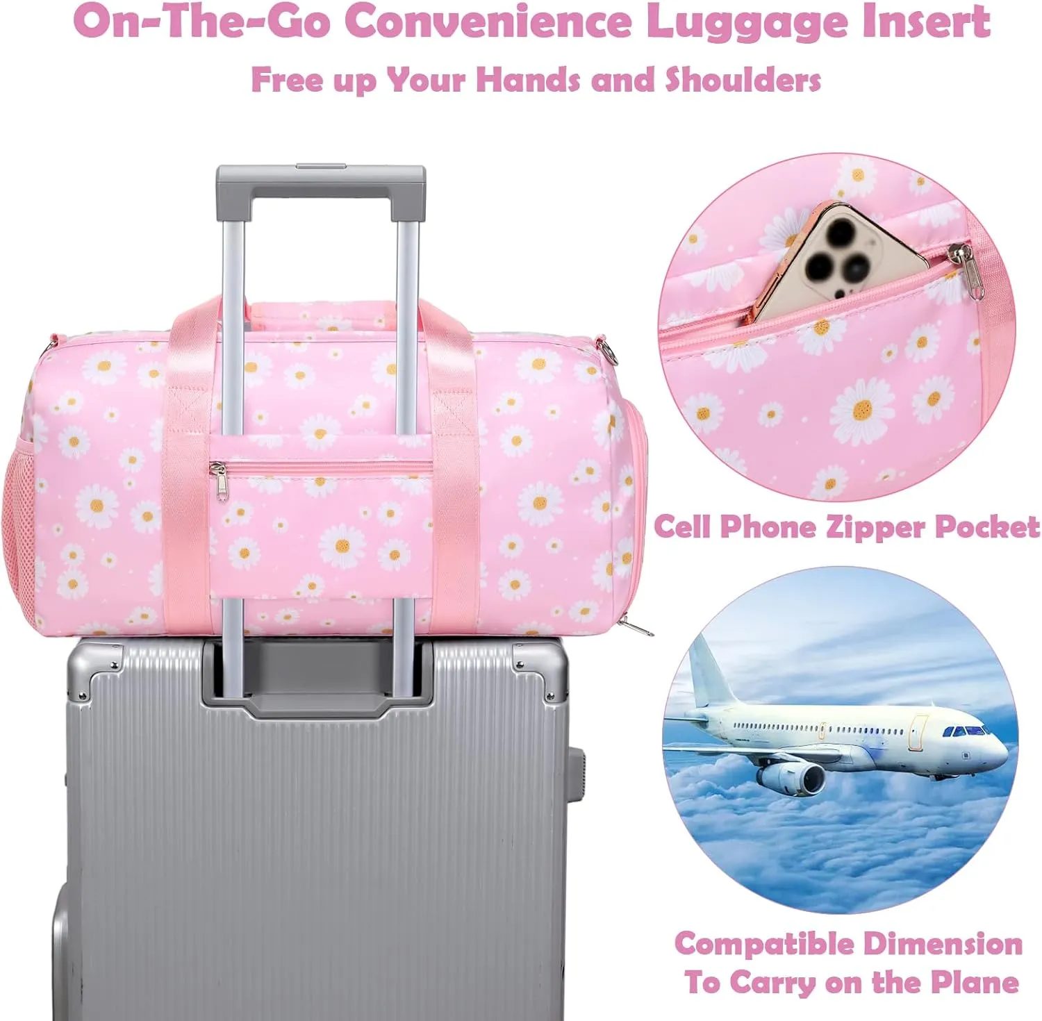 Girls Duffle Bag, Pink Daisy Duffle Bag for Girl Women Gym Sports Ballet Overnight Weekender Carry On Travel with Shoe Compartments
