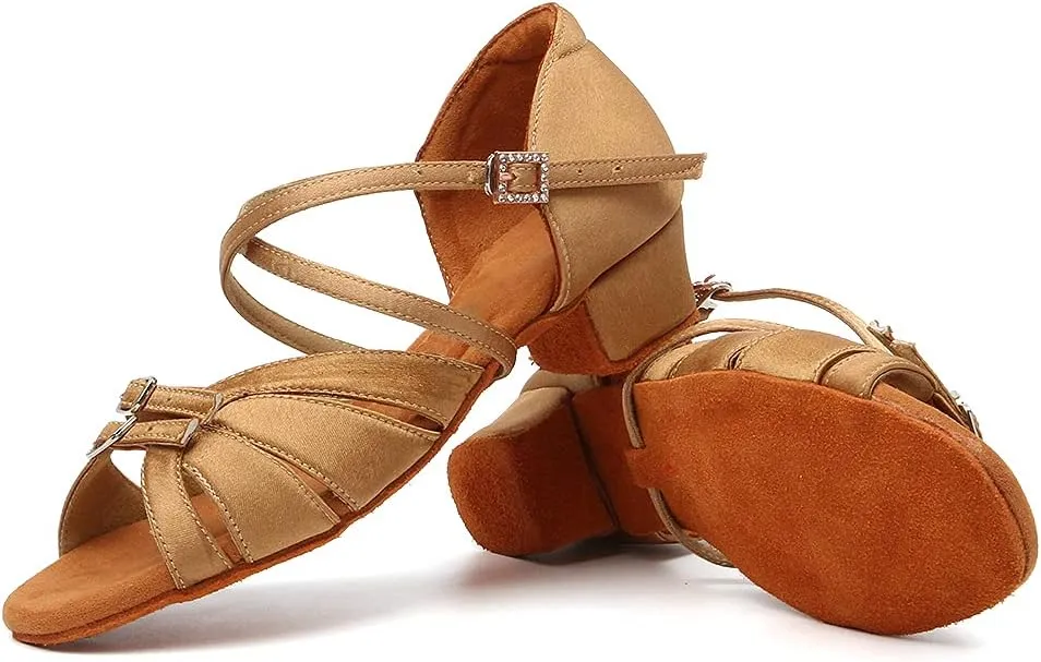 Girls Latin Dance Shoe Satin Salsa Ballroom Low Heel Practice Dance Shoes,Model WLLD28