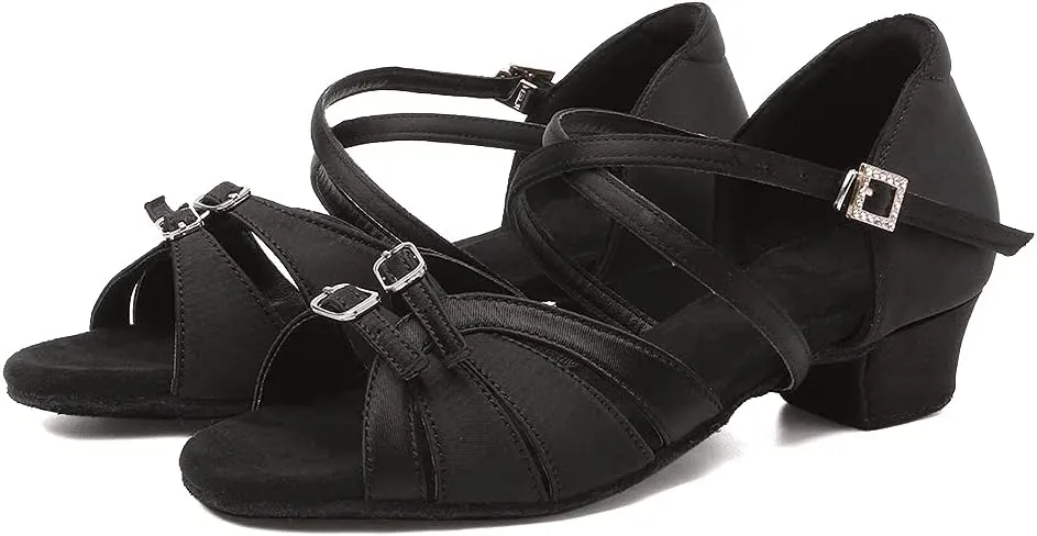 Girls Latin Dance Shoe Satin Salsa Ballroom Low Heel Practice Dance Shoes,Model WLLD28