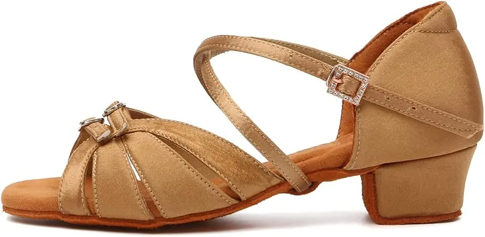 Girls Latin Dance Shoe Satin Salsa Ballroom Low Heel Practice Dance Shoes,Model WLLD28