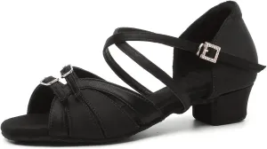 Girls Latin Dance Shoe Satin Salsa Ballroom Low Heel Practice Dance Shoes,Model WLLD28