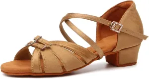 Girls Latin Dance Shoe Satin Salsa Ballroom Low Heel Practice Dance Shoes,Model WLLD28