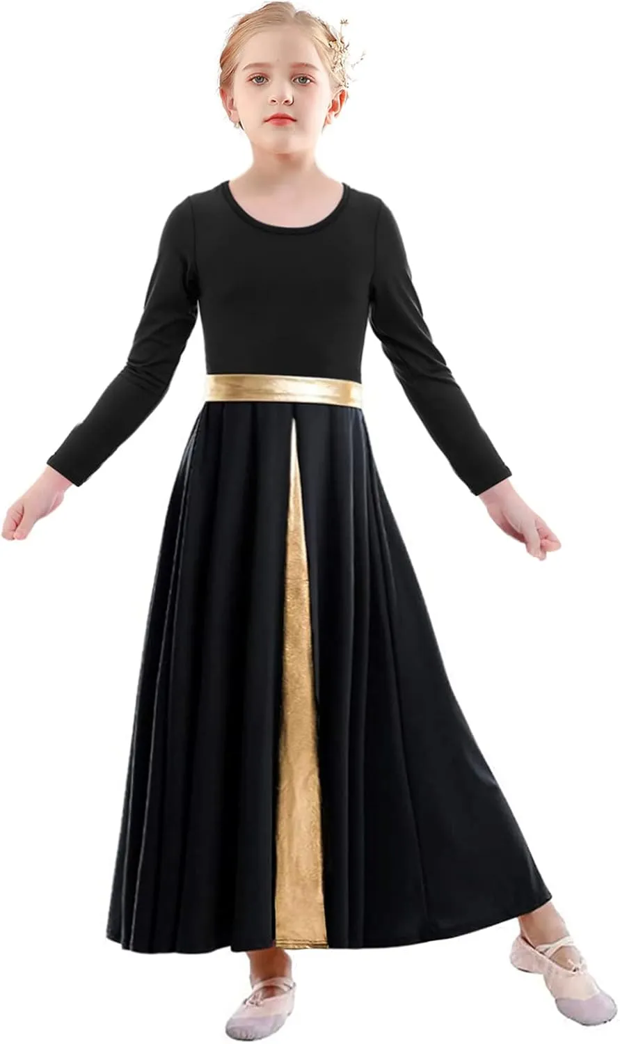 Girls Long Sleeve Praise Dance Dress Swing Skirt Liturgical Worship Costume Church Robe Dancewear