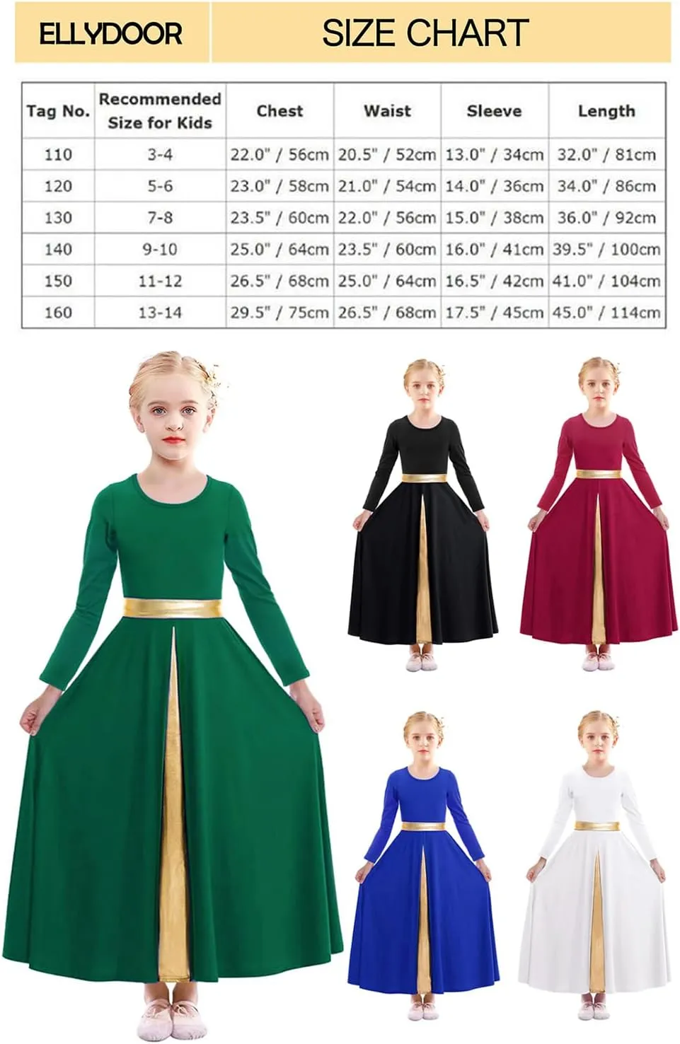 Girls Long Sleeve Praise Dance Dress Swing Skirt Liturgical Worship Costume Church Robe Dancewear