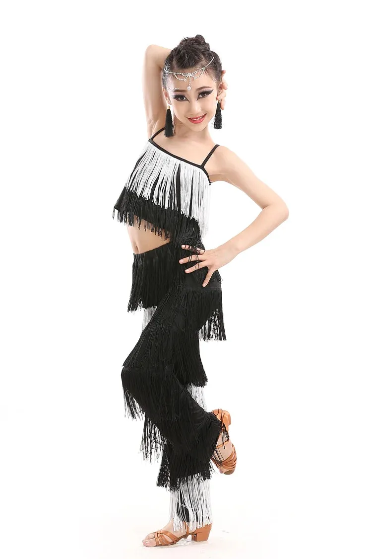Girl's Sequin Fringe Latin Dance Dress Set with Tassels & Pants - Kids Ballroom Salsa Samba Costume