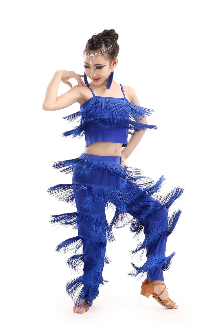 Girl's Sequin Fringe Latin Dance Dress Set with Tassels & Pants - Kids Ballroom Salsa Samba Costume