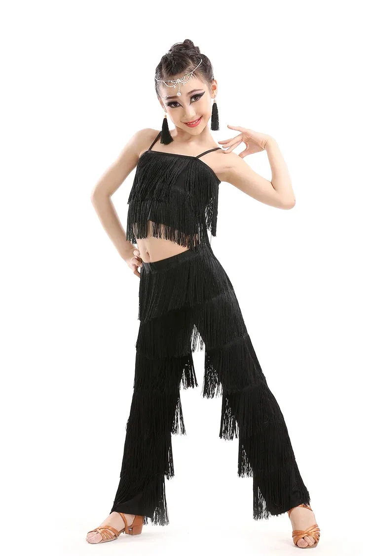 Girl's Sequin Fringe Latin Dance Dress Set with Tassels & Pants - Kids Ballroom Salsa Samba Costume
