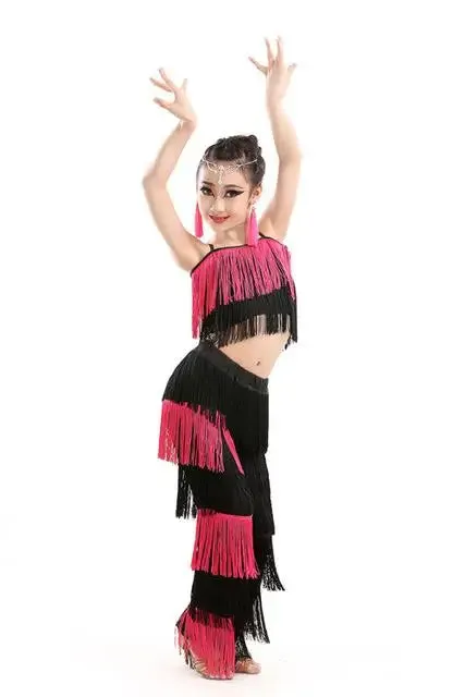 Girl's Sequin Fringe Latin Dance Dress Set with Tassels & Pants - Kids Ballroom Salsa Samba Costume