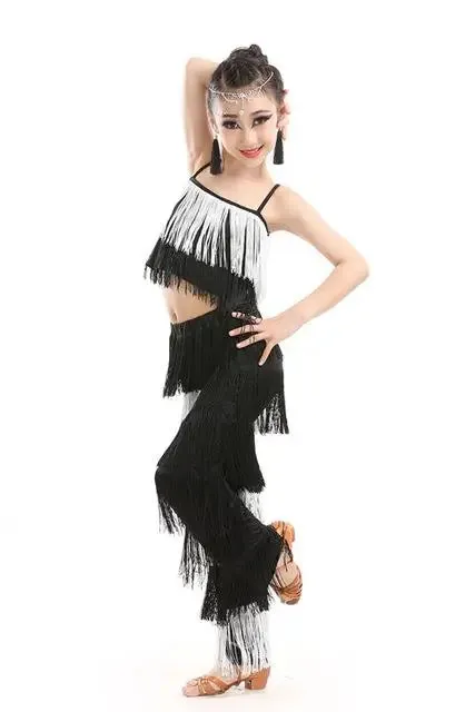 Girl's Sequin Fringe Latin Dance Dress Set with Tassels & Pants - Kids Ballroom Salsa Samba Costume
