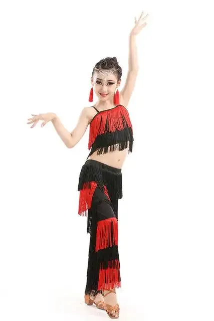 Girl's Sequin Fringe Latin Dance Dress Set with Tassels & Pants - Kids Ballroom Salsa Samba Costume