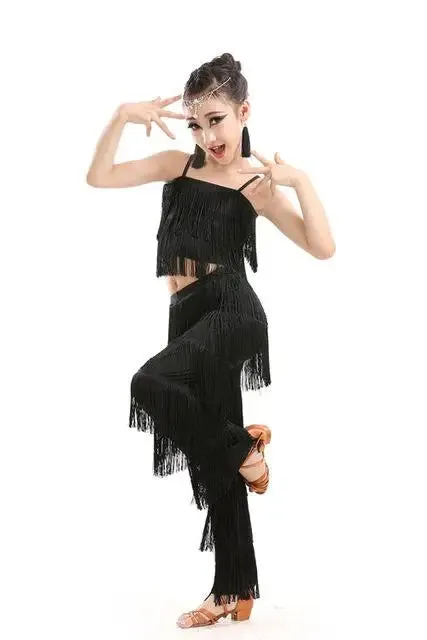 Girl's Sequin Fringe Latin Dance Dress Set with Tassels & Pants - Kids Ballroom Salsa Samba Costume