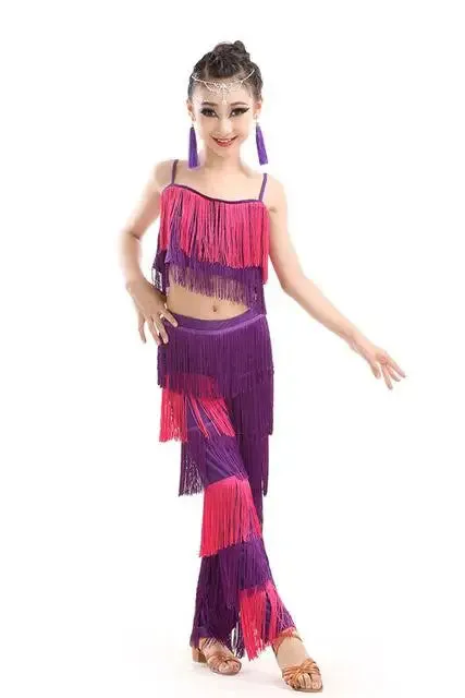 Girl's Sequin Fringe Latin Dance Dress Set with Tassels & Pants - Kids Ballroom Salsa Samba Costume