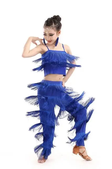 Girl's Sequin Fringe Latin Dance Dress Set with Tassels & Pants - Kids Ballroom Salsa Samba Costume