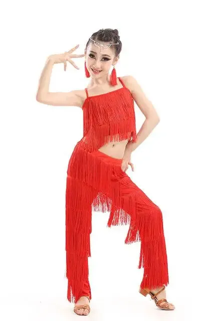 Girl's Sequin Fringe Latin Dance Dress Set with Tassels & Pants - Kids Ballroom Salsa Samba Costume