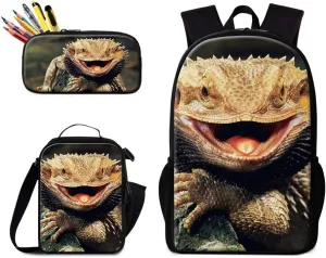 GiveMeBag Cool Lizard Print Backpack Shoulder Bookbag Sling Lunch Bag for Children Portable Cooler Bag Boys Bagpack Pencil Case Animal