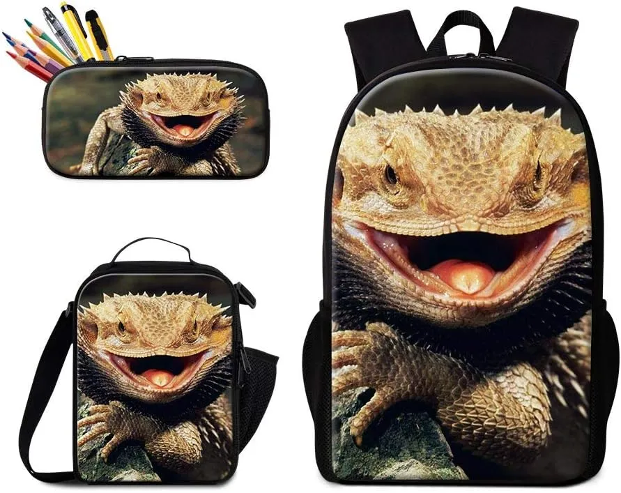 GiveMeBag Cool Lizard Print Backpack Shoulder Bookbag Sling Lunch Bag for Children Portable Cooler Bag Boys Bagpack Pencil Case Animal