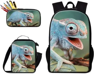GiveMeBag Cool Lizard Print Backpack Shoulder Bookbag Sling Lunch Bag for Children Portable Cooler Bag Boys Bagpack Pencil Case Animal