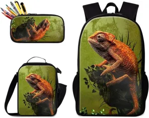 GiveMeBag Cool Lizard Print Backpack Shoulder Bookbag Sling Lunch Bag for Children Portable Cooler Bag Boys Bagpack Pencil Case Animal