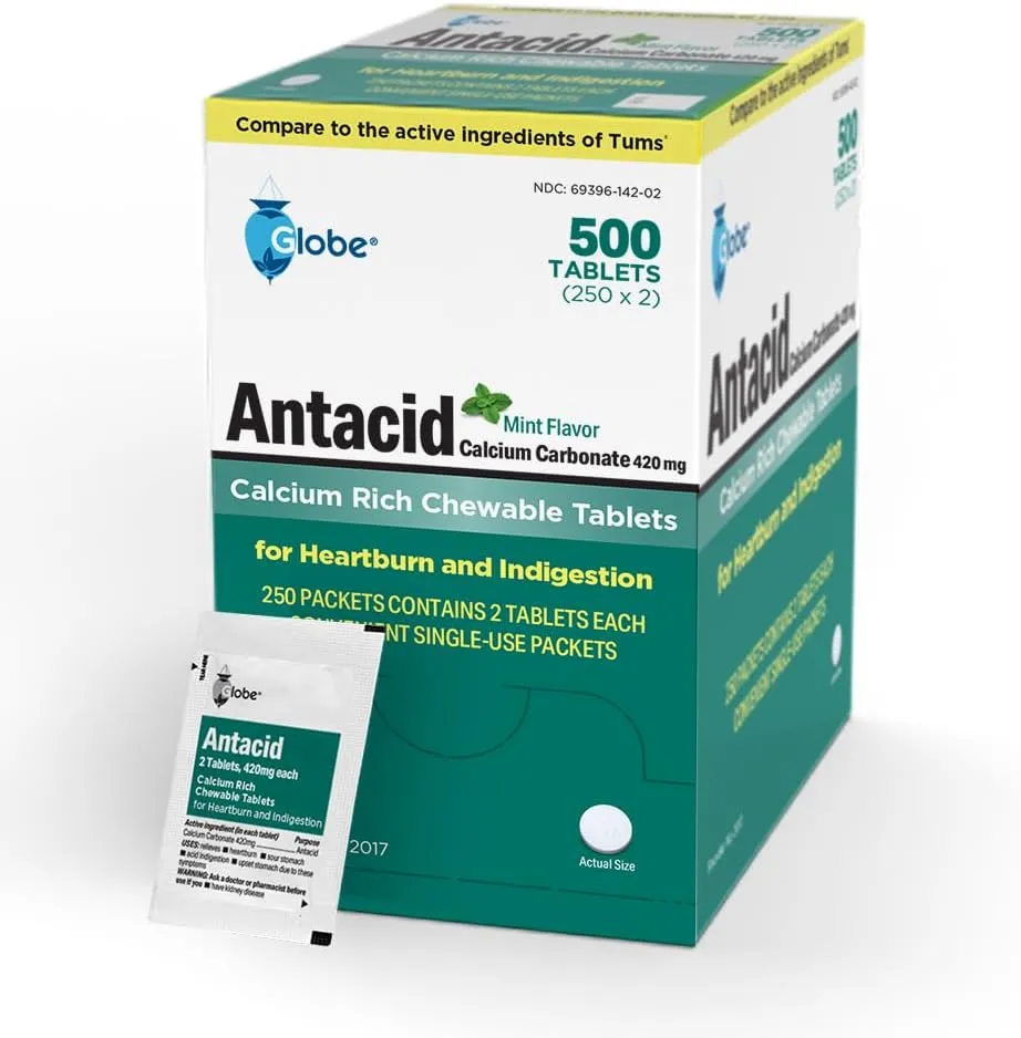 Globe (500 Tablets Chewable Mint Antacid Tablets for Acid Indigestion, Heartburn, and Upset Stomach - 250 Packets of 2 Tablets Each, 500 Count. Made in The USA