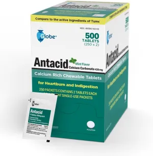 Globe (500 Tablets Chewable Mint Antacid Tablets for Acid Indigestion, Heartburn, and Upset Stomach - 250 Packets of 2 Tablets Each, 500 Count. Made in The USA