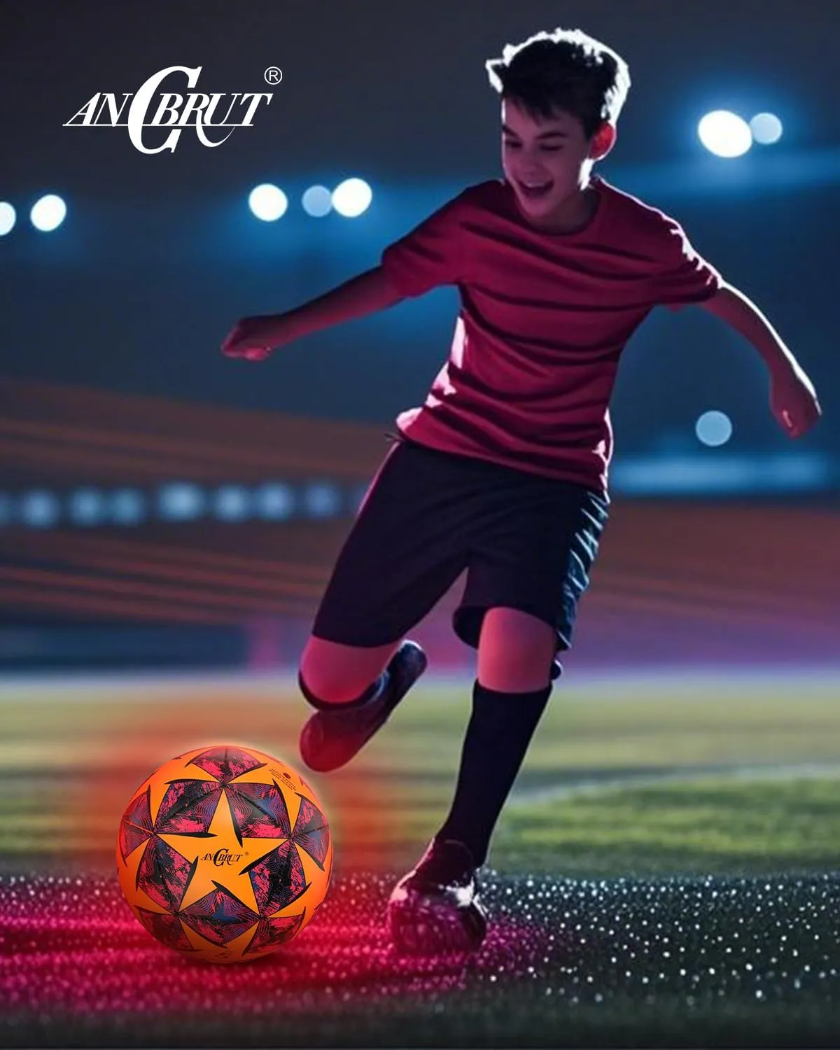 Glow in The Dark Soccer Ball, Light Up Indoor&Outdoor, Gifts for 3-15 Kids/Teens, Red LED Lights, Pre-Installed Batteries, Includes Pump-Size 3/4/ 5
