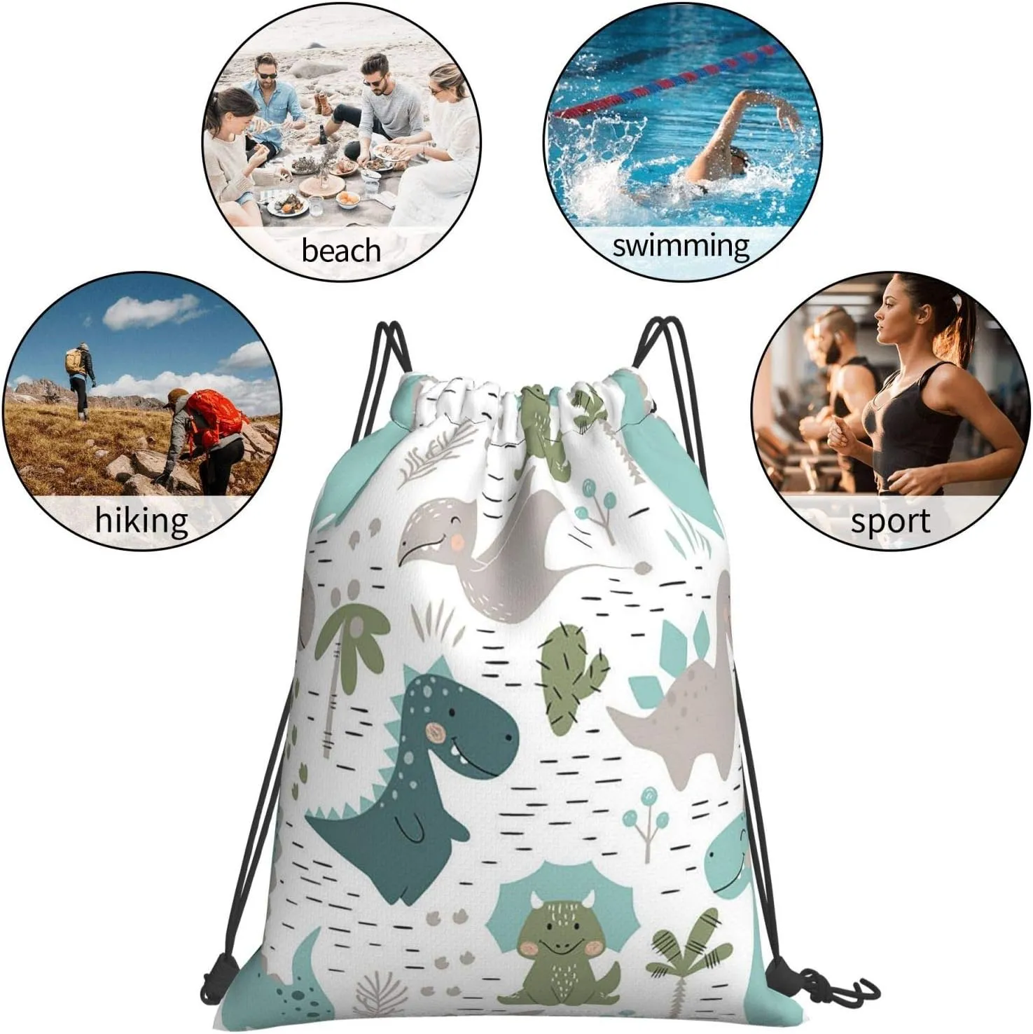 Gocerktr Cartoon Dinosaur Drawstring Backpack Waterproof Lightweight String Bag For Outdoor Yoga Gym Swimming Travel