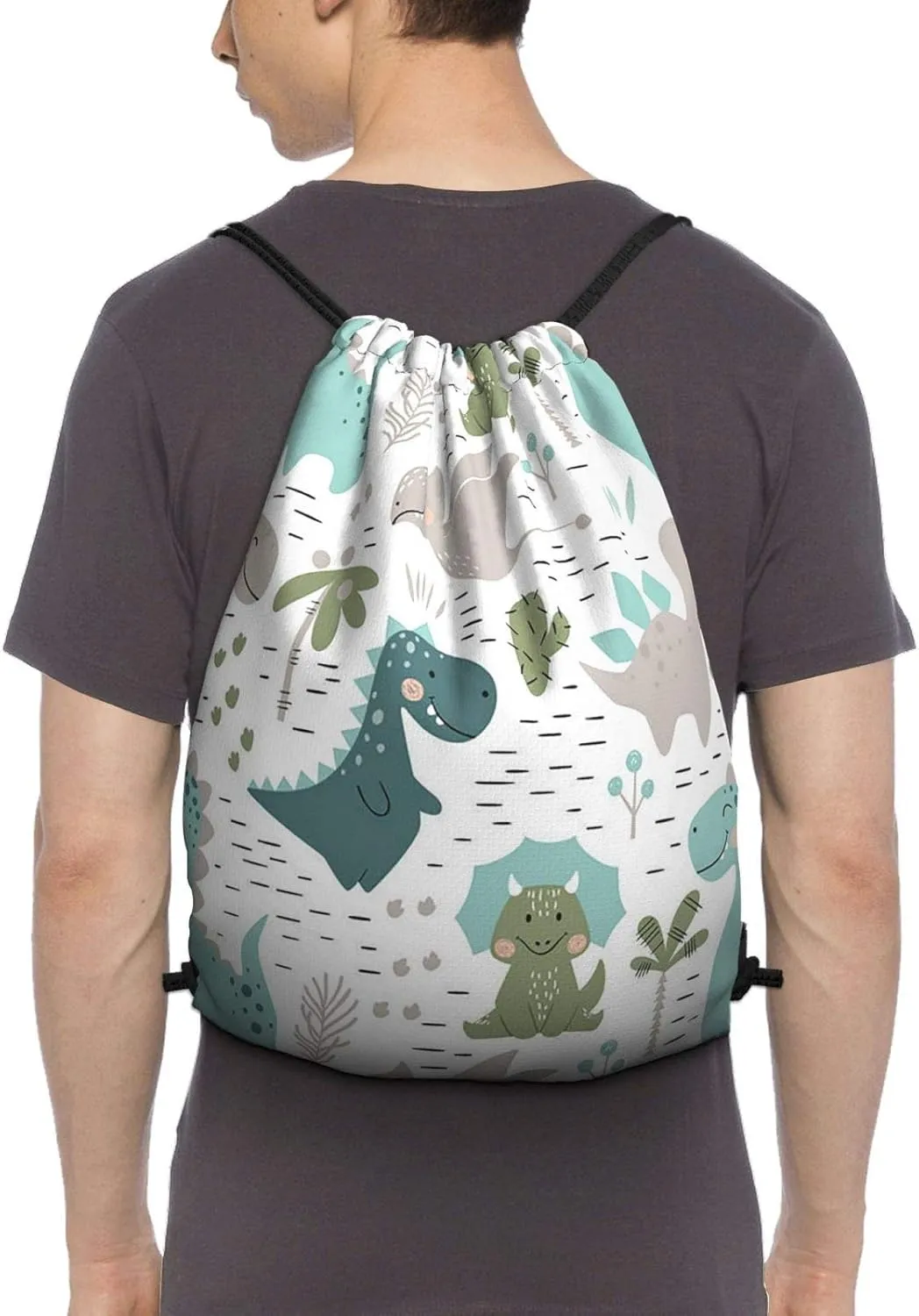 Gocerktr Cartoon Dinosaur Drawstring Backpack Waterproof Lightweight String Bag For Outdoor Yoga Gym Swimming Travel