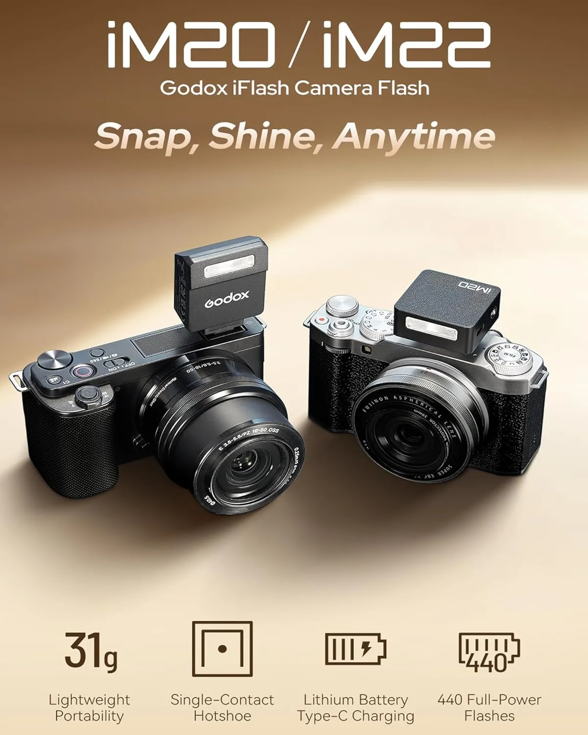 Godox iM22 iFlash Camera Flash and Lightweight Portability Single-Contact Hotshoe Lithium Battery Type-C Charging 440 Full-Power Flashes