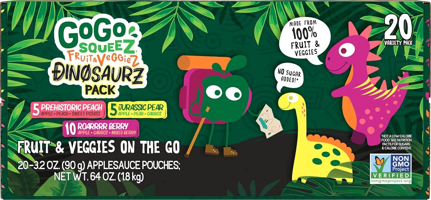 GoGo squeeZ Fruit & veggieZ Applesauce and Puree Variety Pack, Jurassic Pear, Roarrrr Berry & Prehistoric Peach, 3.2 oz (Pack of 20), Unsweetened Snacks for Kids, BPA Free Pouches