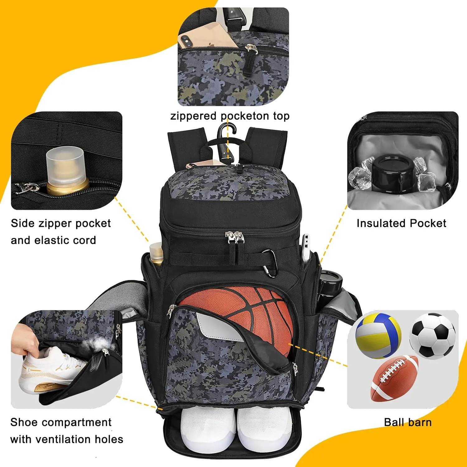 Goloni Basketball Backpack,Large Sports Bag with Ball Compartment & Shoe Compartment for Basketball, Soccer, Volleyball,Gym
