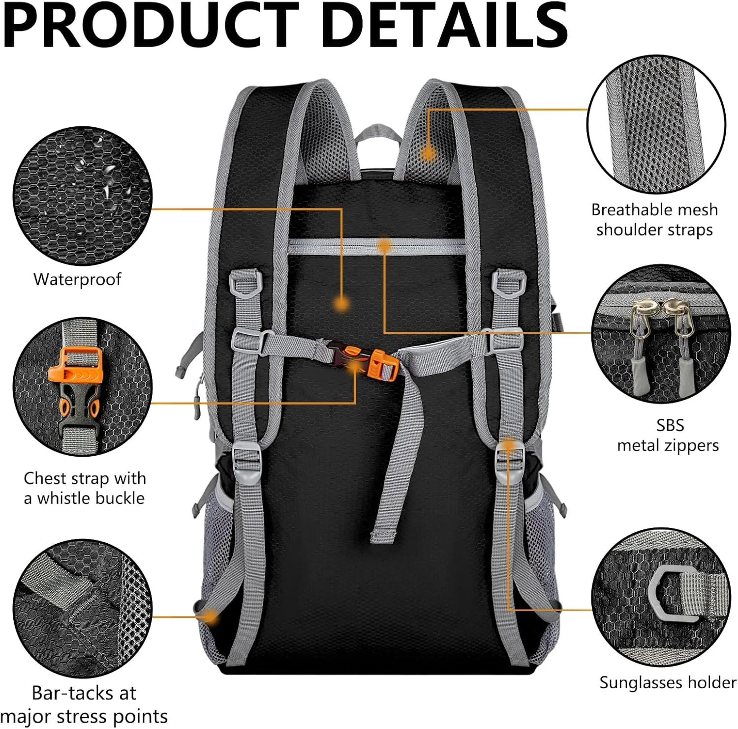 Goloni Ultra Lightweight Packable Backpack 40L - Foldable Hiking Backpack Water Resistant Small Foldable Daypack for Travel,Black
