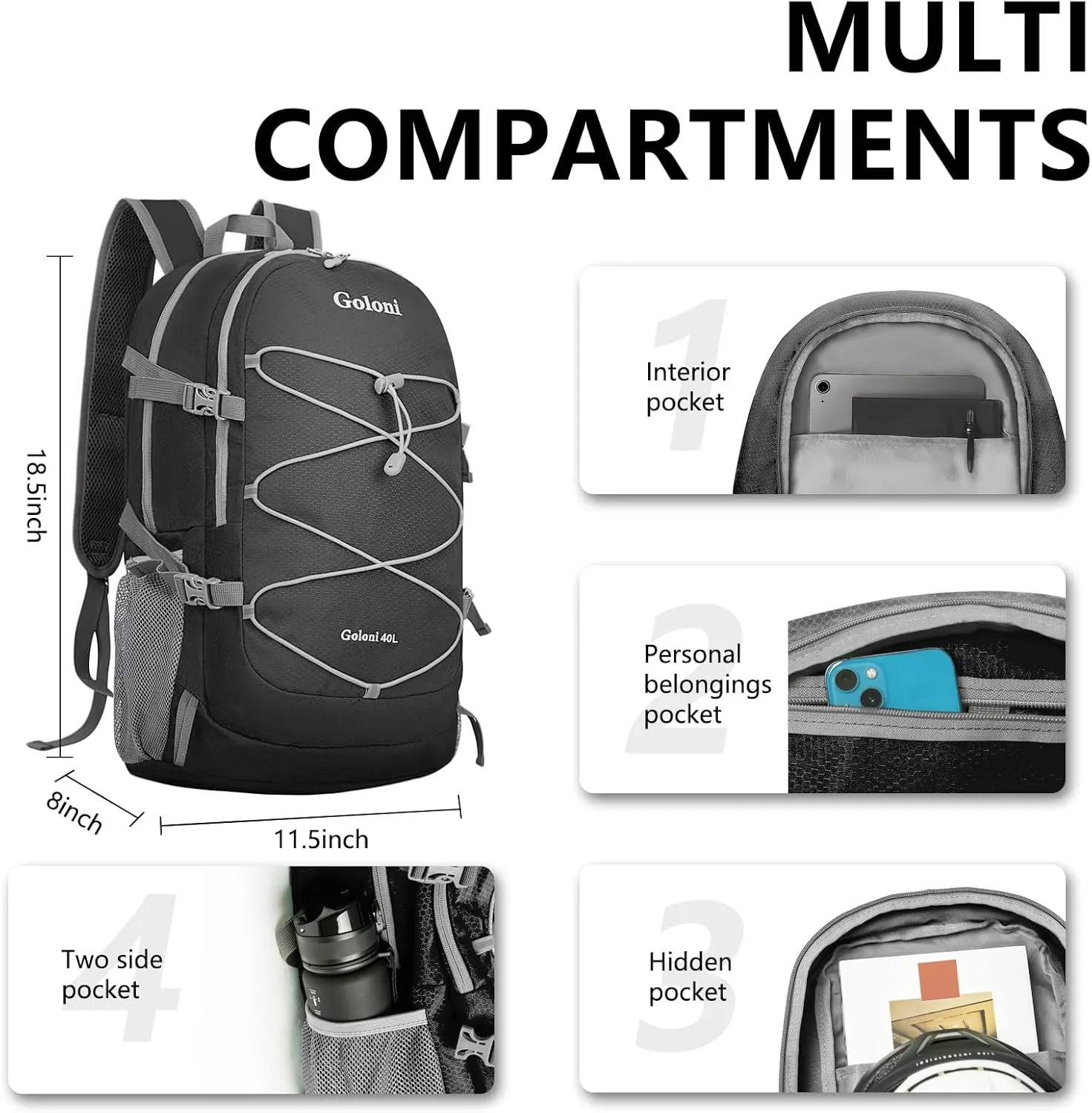 Goloni Ultra Lightweight Packable Backpack 40L - Foldable Hiking Backpack Water Resistant Small Foldable Daypack for Travel,Black