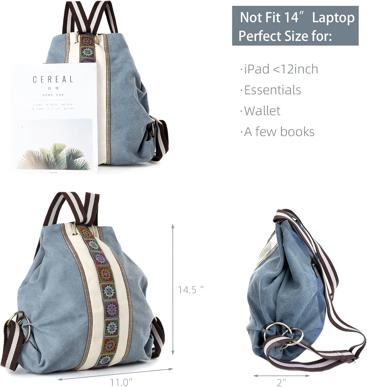Goodhan Women Canvas Backpack Daypack Casual Shoulder Bag, Vintage Heavy-duty Anti-theft Travel Backpack (Blue Grey)