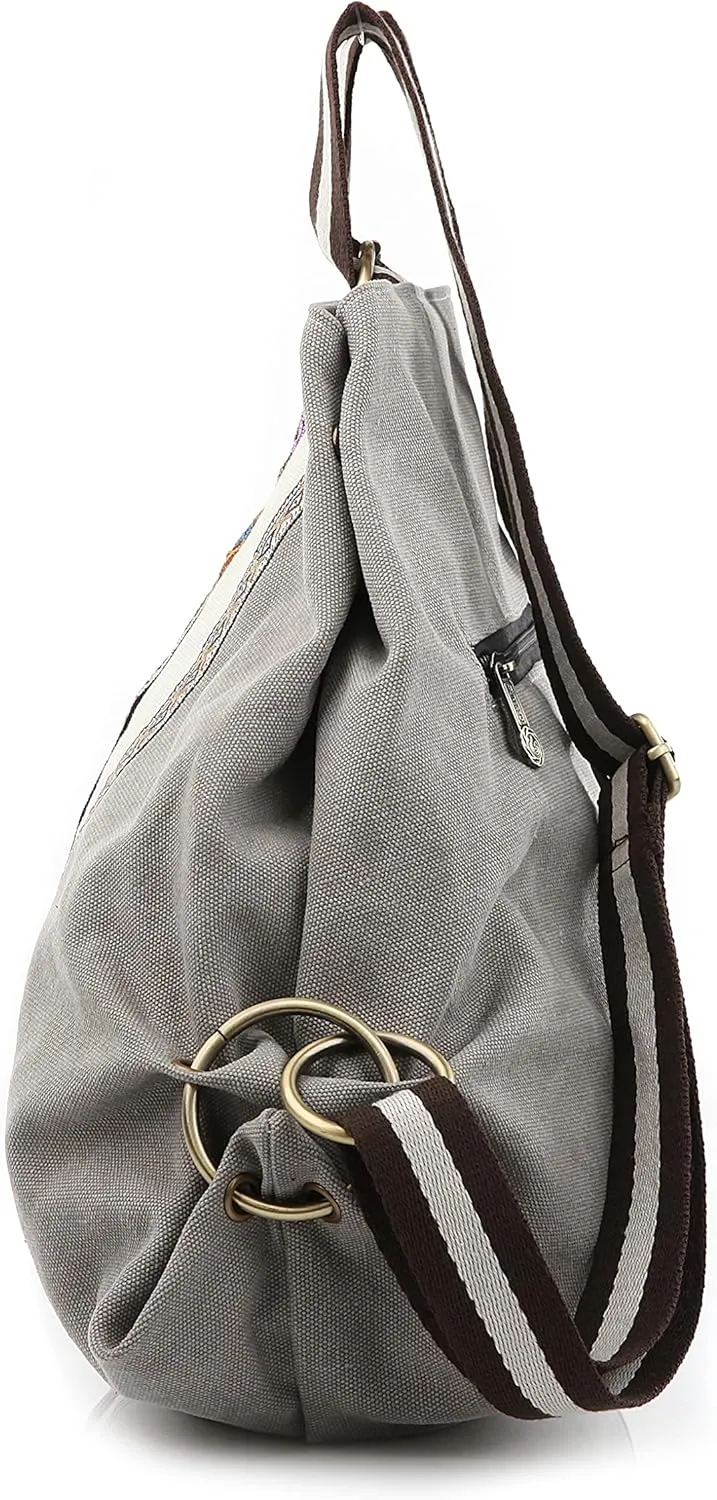 Goodhan Women Canvas Backpack Daypack Casual Shoulder Bag, Vintage Heavy-duty Anti-theft Travel Backpack, Light Grey