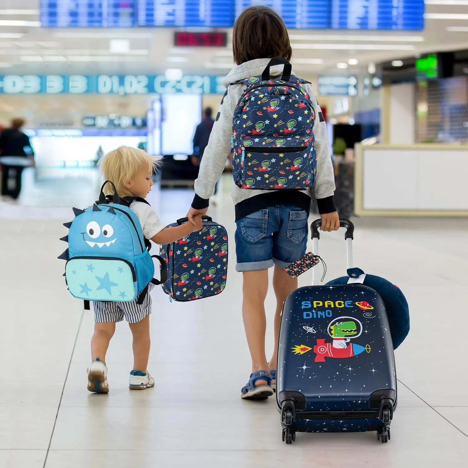 Goplus 5 Piece Kid’s Luggage Set, 16” Carry on Suitcase w/13” Backpack, Neck Pillow, Hardside Spinner Toddler Luggage, Travel Rolling Suitcase for Boys Girls Gifts (Navy, Space Dino)