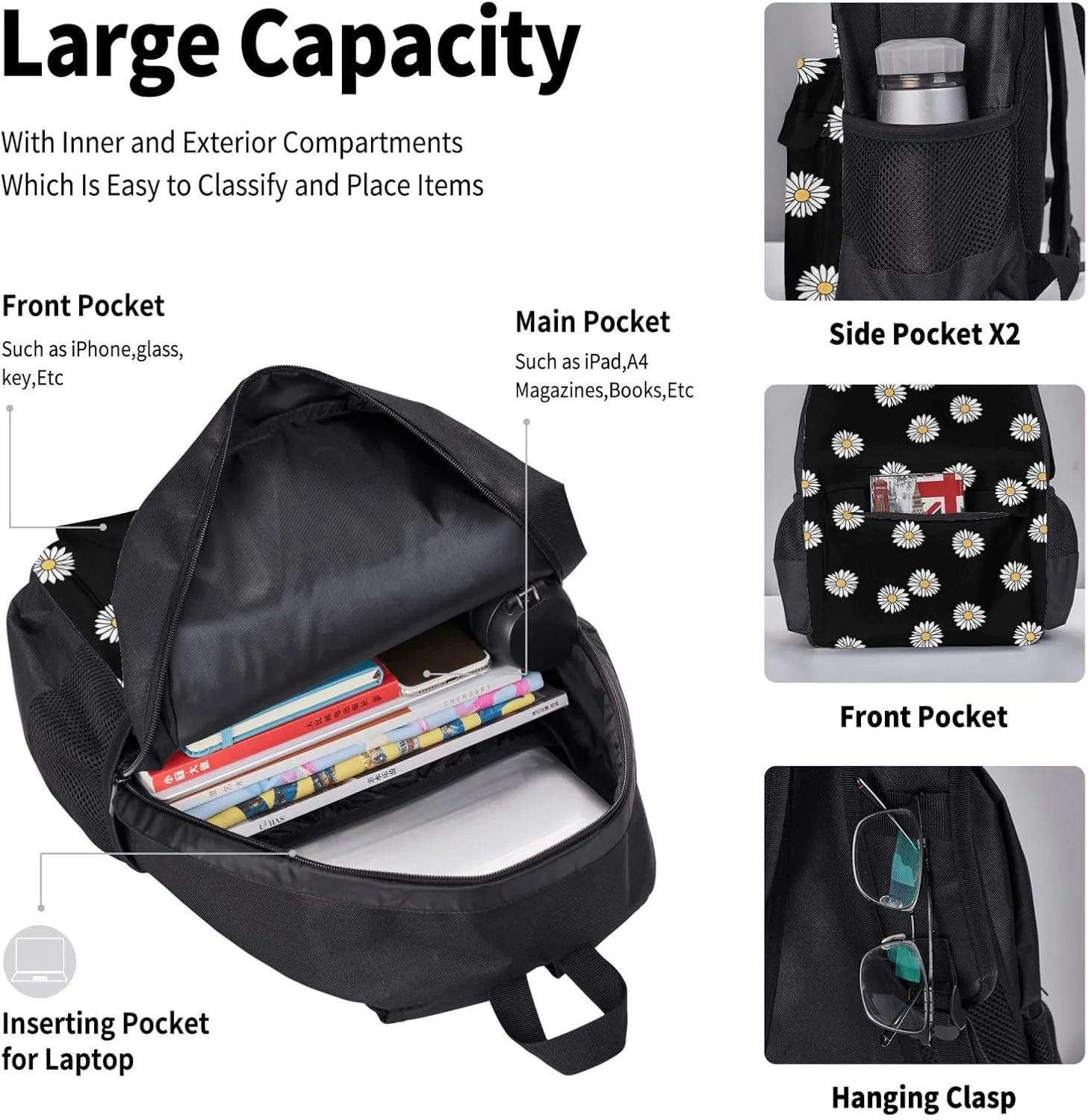 Green Daisy Aesthetic Backpack Lunch Box Multifunction Case 3pcs Sets Large Capacity Shoulders Bag Laptop Daypack Insulated Lunch Bag Travel Back Pack