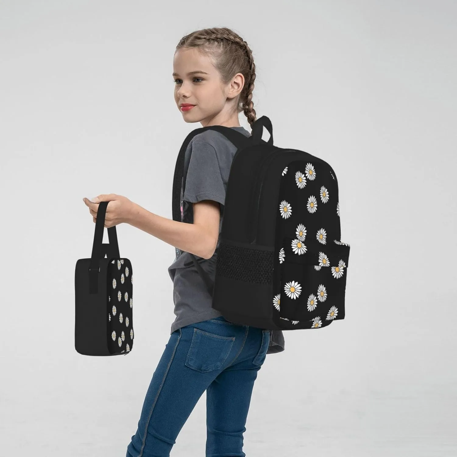 Green Daisy Aesthetic Backpack Lunch Box Multifunction Case 3pcs Sets Large Capacity Shoulders Bag Laptop Daypack Insulated Lunch Bag Travel Back Pack
